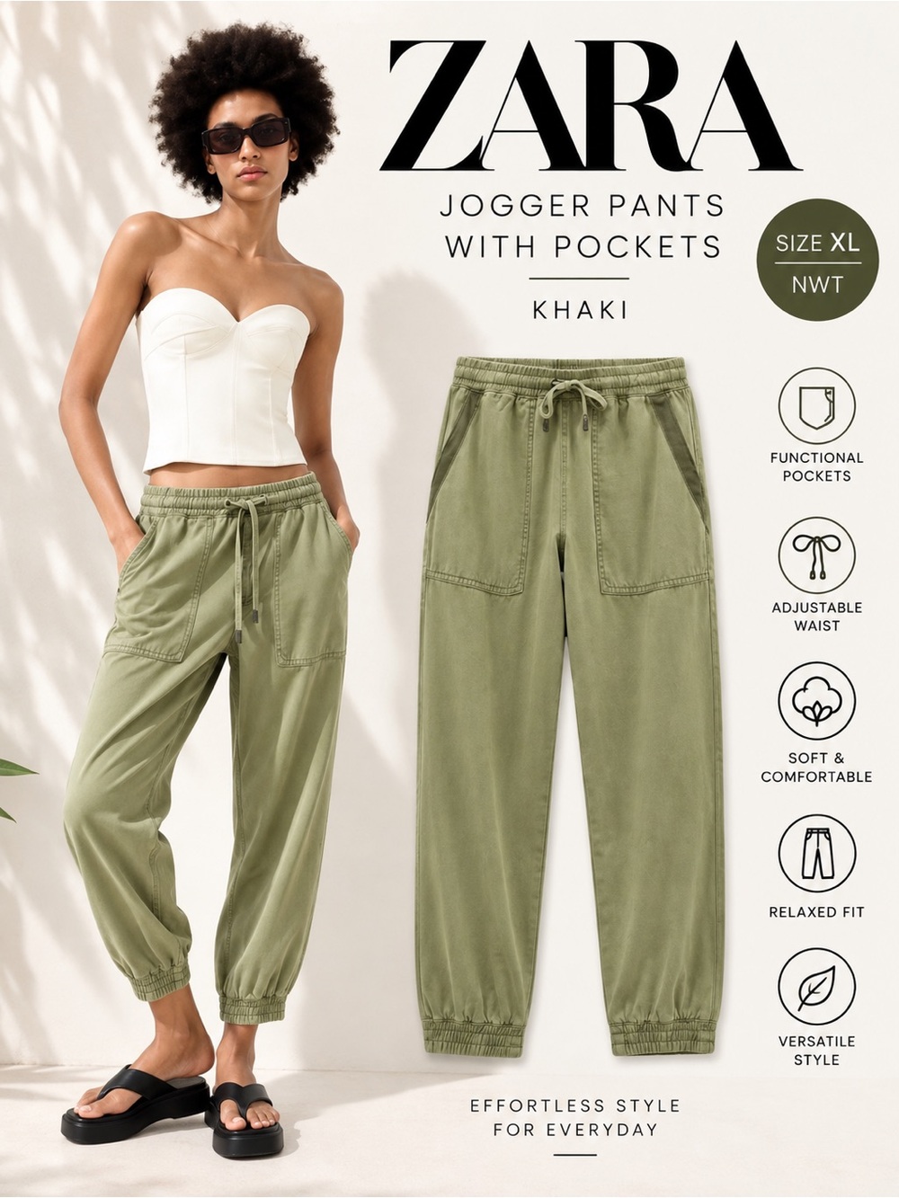 ZARA Khaki Jogger Pants with Pockets XL NWT Drawstring Utility Cargo